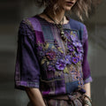 Women's Embroidered Pansy Floral Patchwork Check Short Sleeve T-shirt elevenforest