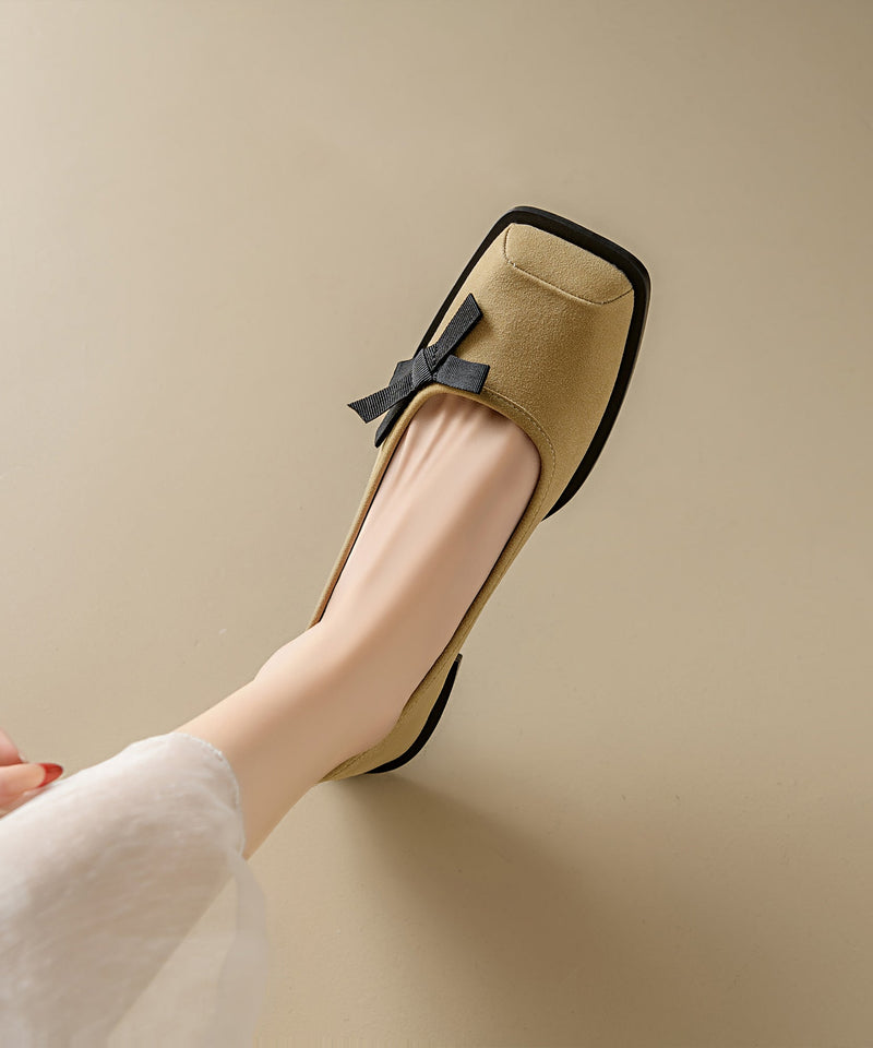 Apricot Suede Flat Shoes Splicing Bow