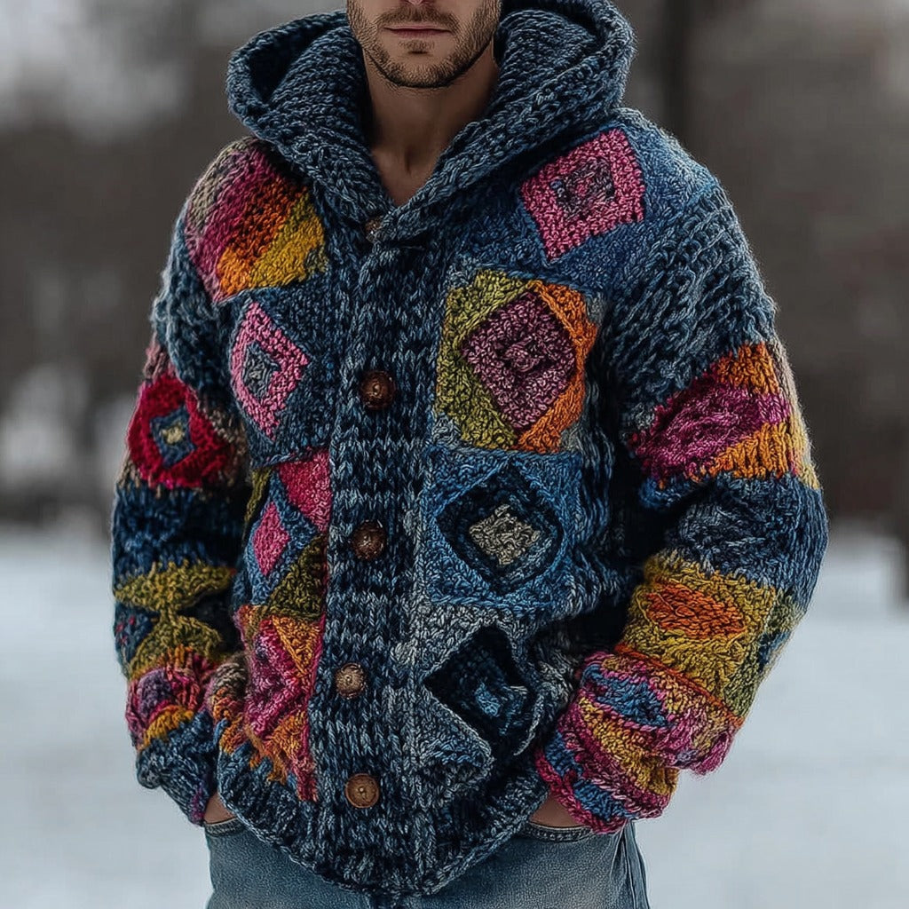 Men's Retro Geometric Knitted Warm Button Hooded Sweater elevenforest