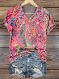 Women's Vintage Ethnic Floral Art Print V-Neck Casual T-Shirt