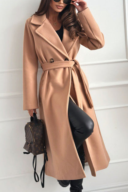 Color Lapel Long Sleeve Waist Tie Long Coat