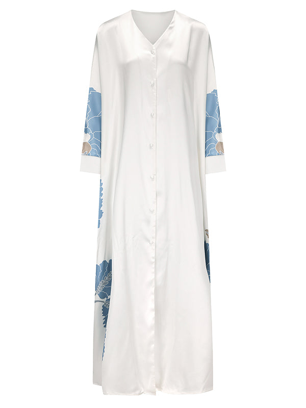 Long Sleeves Buttoned Contrast Color Flower&leaves Print Muslim V-neck Maxi Dress