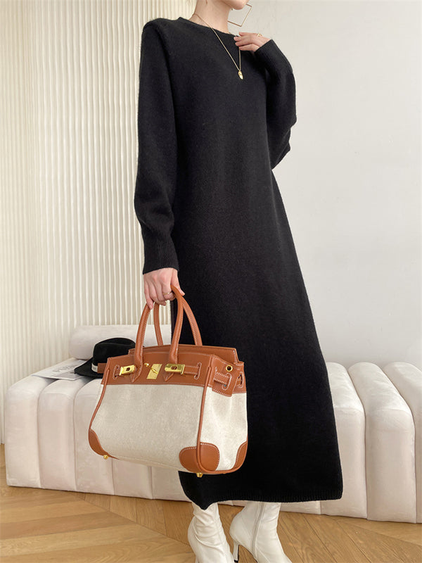 Urban Loose Long Sleeves Color Round-neck Sweater Dresses