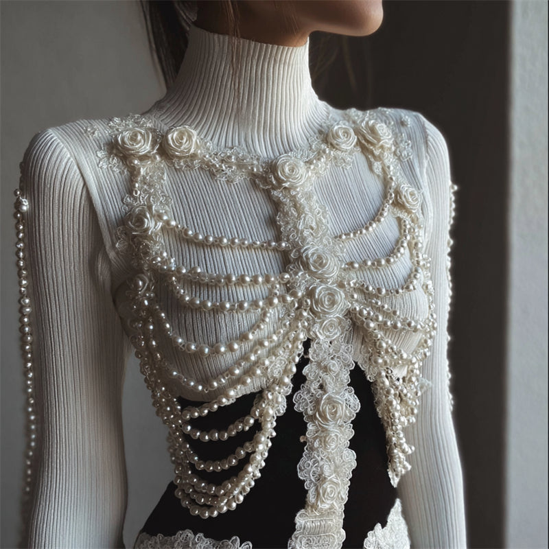 Comstylish Vintage White Roses Skeleton Pearls Lace Contrast Turtleneck Sweater