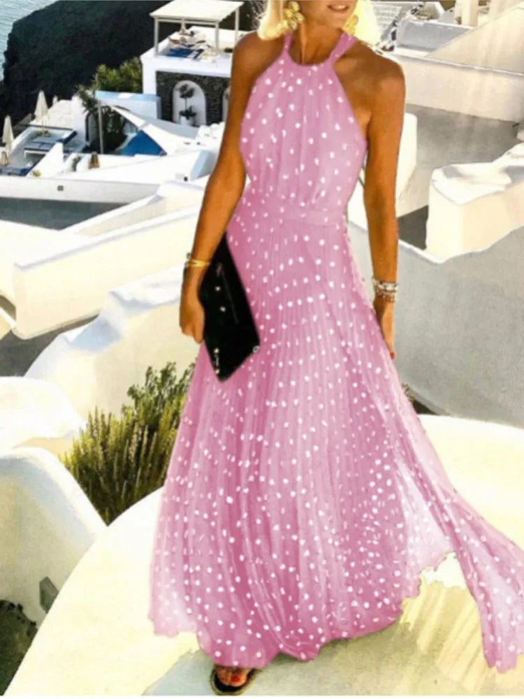 Polka Dot Print Halter Neck Long Dresses Backless Leace-up Sleeveless Pleated Dress Summer Vacation Style Vestidos