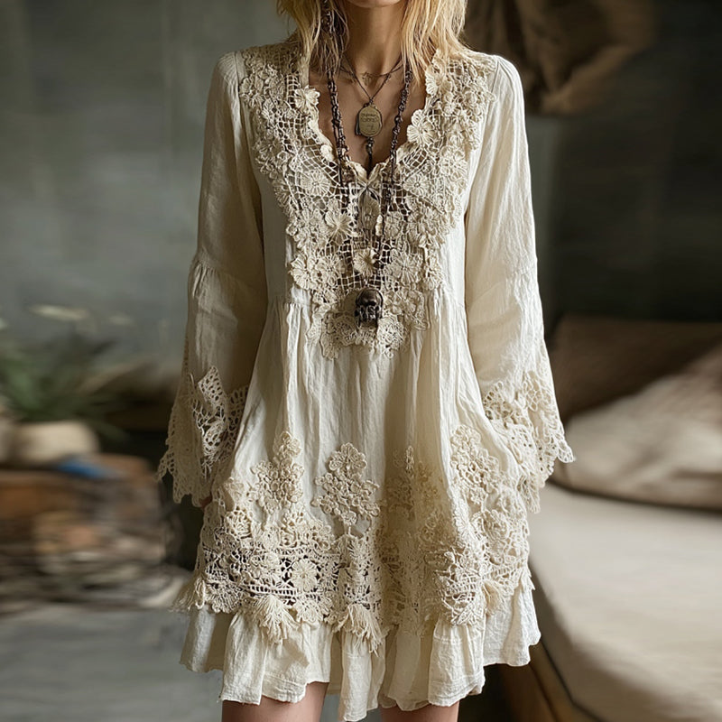Women's Vintage Lace Floral Art Linen Midi Dress elevenforest