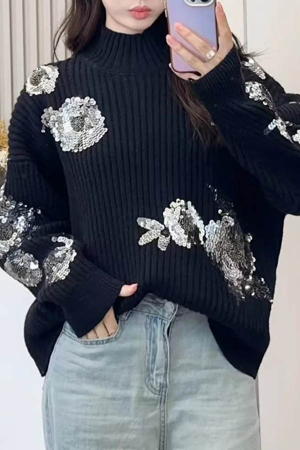 Turtleneck Loose-fitting Sequined Pattern Long Sleeve Knitted Sweater