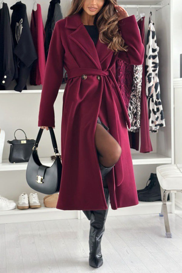 Color Lapel Long Sleeve Waist Tie Long Coat