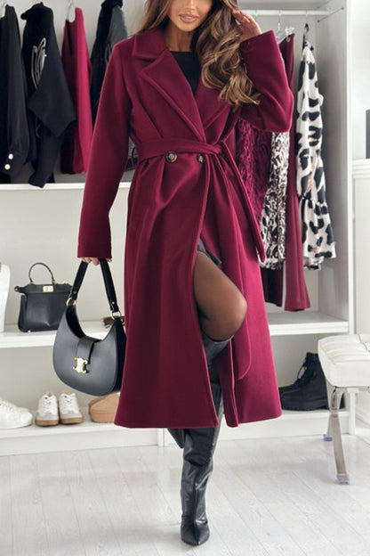 Color Lapel Long Sleeve Waist Tie Long Coat