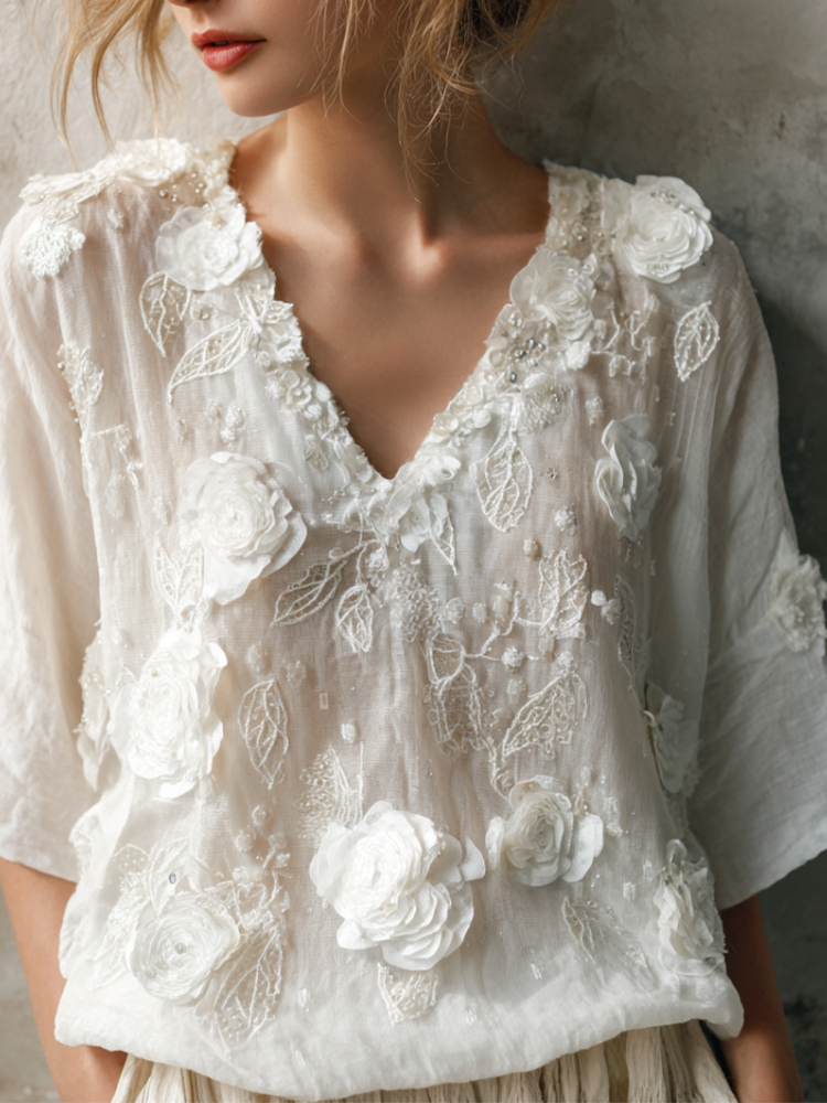 Bohemian Style Woman's V-neck White Rose Short-sleeved Shirt elevenforest