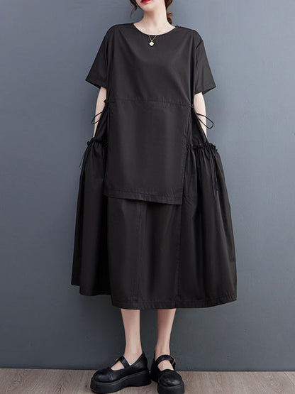 Loose Short Sleeves Color Split-joint Round-neck Midi Dresses