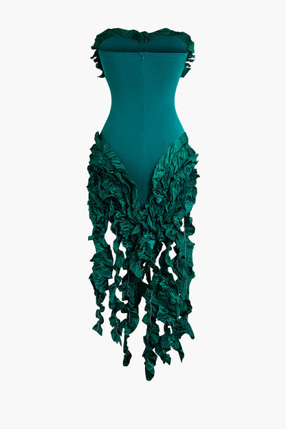 Color Ruffled Fringe Strapless Midi Dress