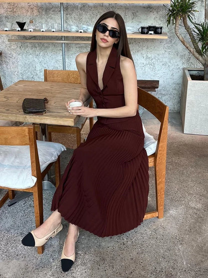 Folds Long Skirt Two Pieces Set ’s Notched Sleeveless Short Vest Top High Waist Maxi Skirt Sets