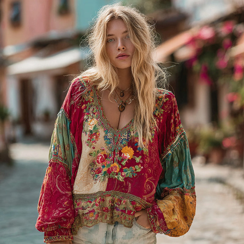 Women's Bohemian Floral Embroidery Art Linen Blend V-neck Shirt elevenforest