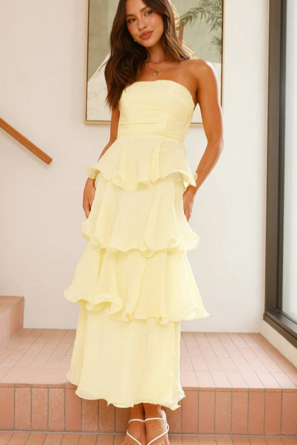 Strapless Backless Ruffle Tiered Midi Dress