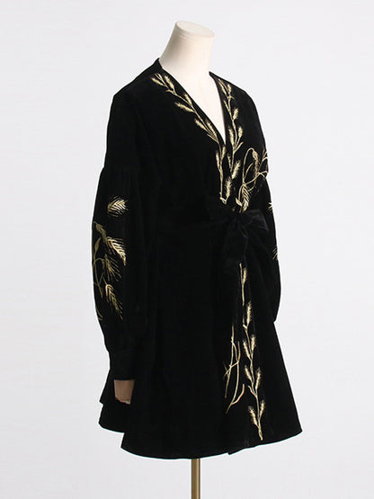 Loose Puff Sleeves Embroidered Tied Waist V-neck Mini Dresses