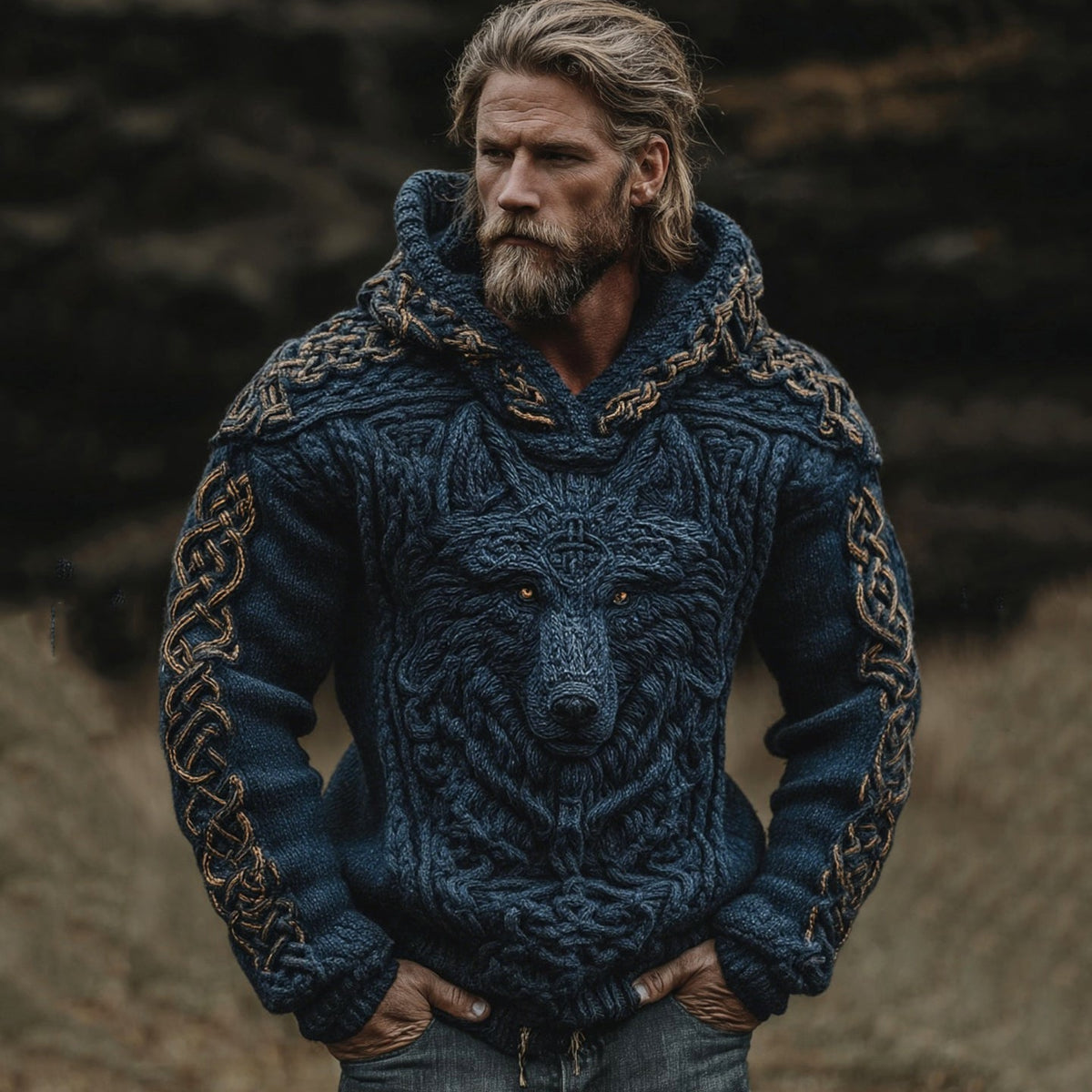 Men's Viking Wolf Celtic Knot Jacquard Knitted Hooded Sweater artswardrobe