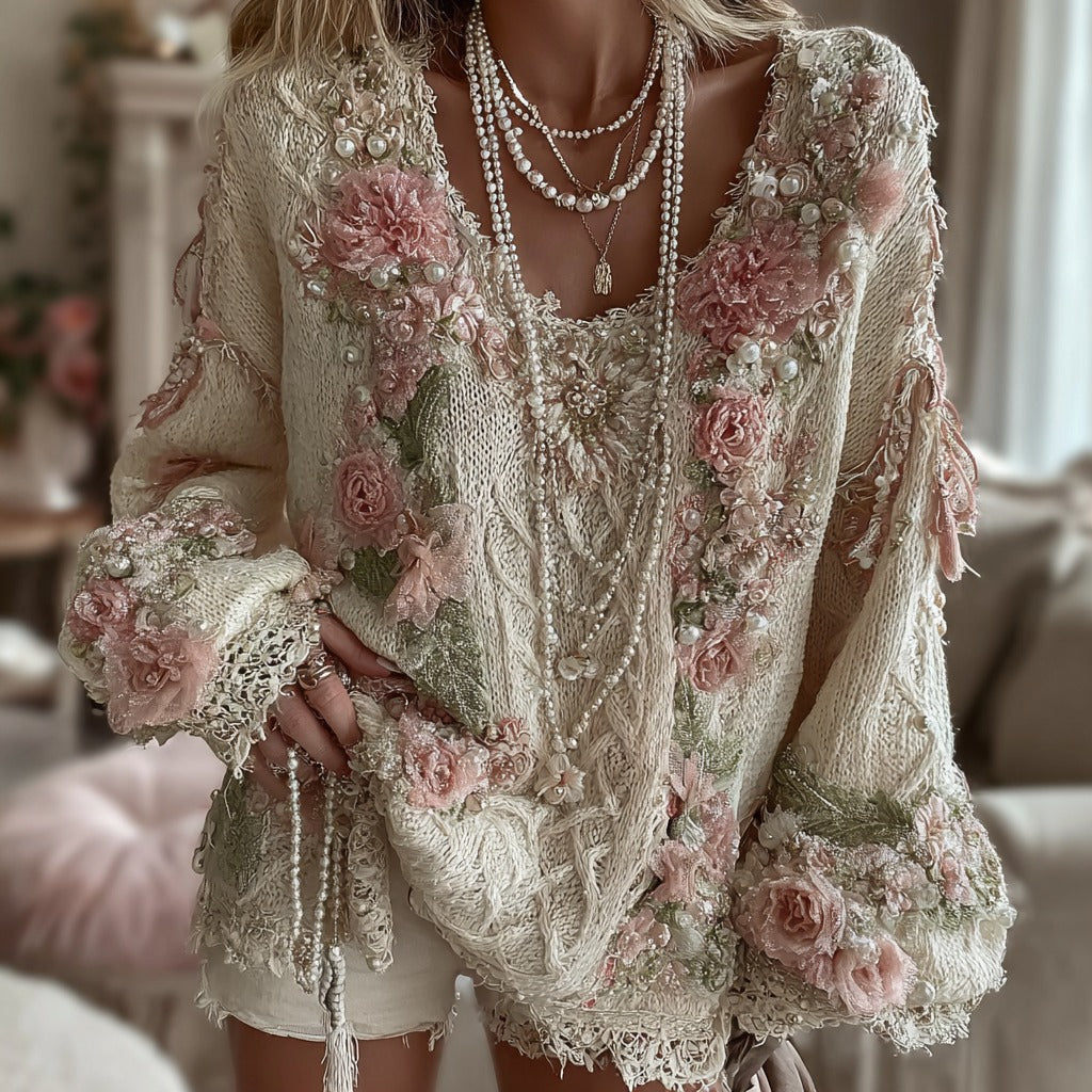 Women's Pink Rose Knitted Warm Long Sleeve V-neck Sweater elevenforest