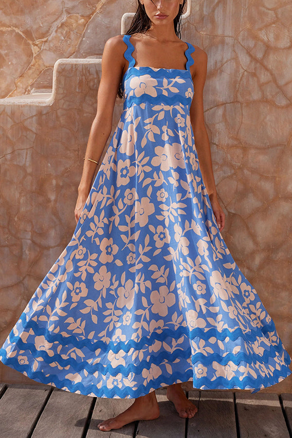 Vivi Print Wavy Suspender Side Zip Maxi Dress