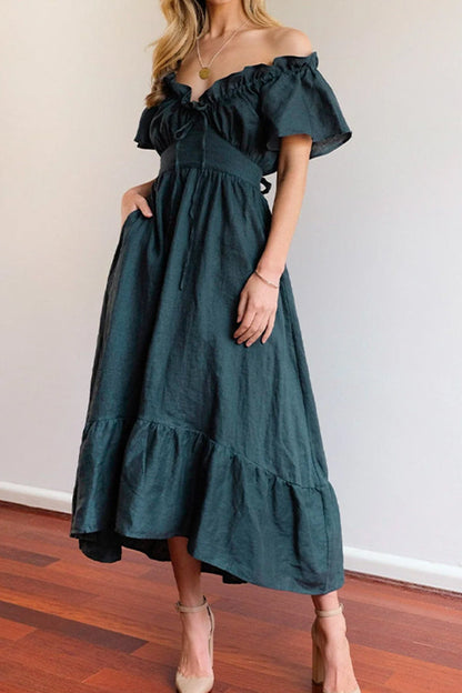 Ruffled Edge Off Shoulder Midi Dress