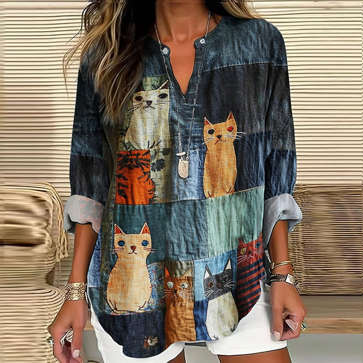 Casual Pop Cat Patchwork Cotton Linen Blouse