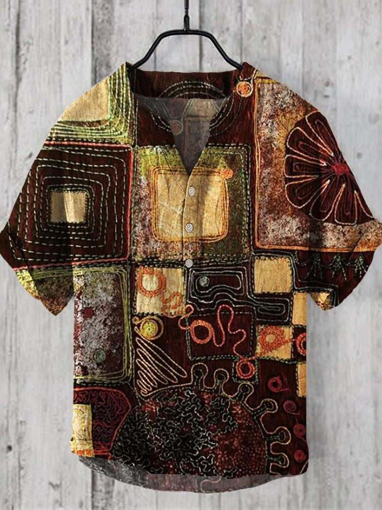 Vintage Patchwork Fabric Embroidered Art Men's Linen V-neck Shirt elevenforest