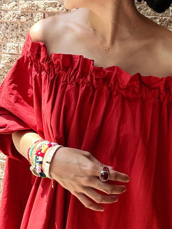 Half Sleeves Loose Elasticity Pleated Color Off-the-shoulder Maxi Dresses