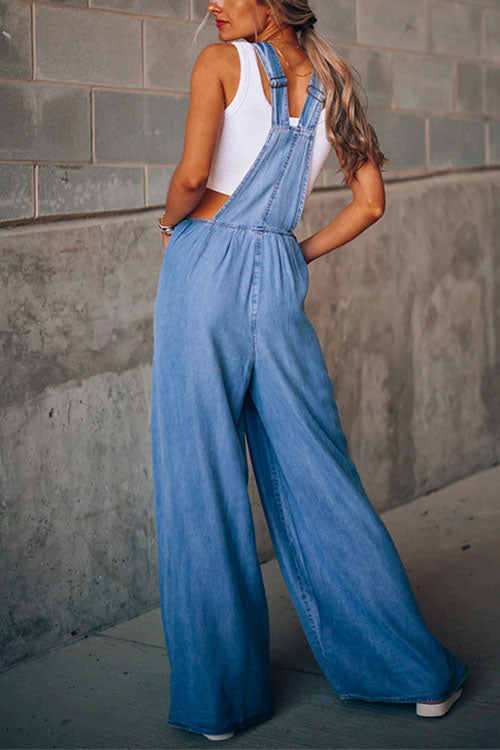 Pocketed Wide Leg Baggy Denim Overalls