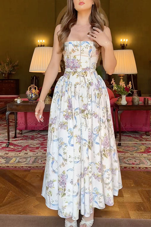 Spaghetti Strap Print Bustier A-line Maxi Dress
