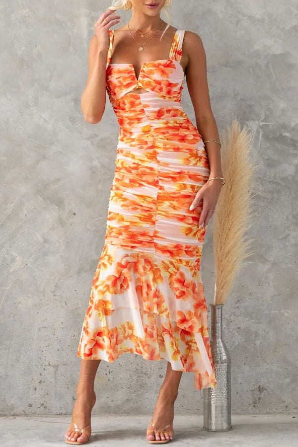 Styled to Perfection Ruched Mesh Overlay Ruffle Hem Maxi Dress