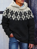 Men's Retro Argyle Yoke Contrast Color Cozy Knit Hooded Sweater elevenforest