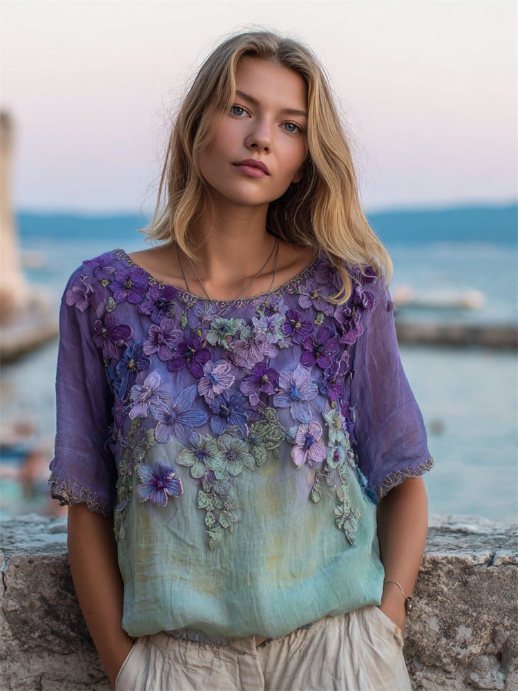 Classy Purple Floral Embroidered Gradient Flowy Linen Shirt elevenforest