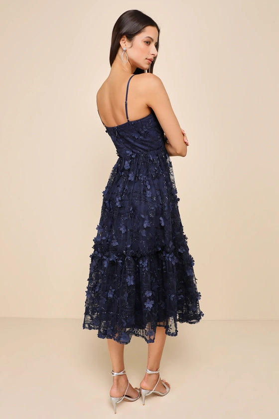 Springtime Soiree Navy Black Sequin 3d Applique Midi Dress