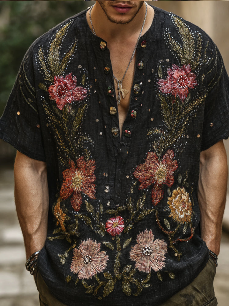 Bohemian Style Three-dimensional Plant And Flower Black Starry Sky Men's V-neck Short-sleeved Shirt elevenforest