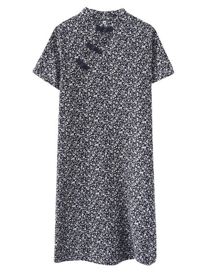 Artistic Retro Printed Stand Collar Short Sleeves Cheongsam Midi Dress