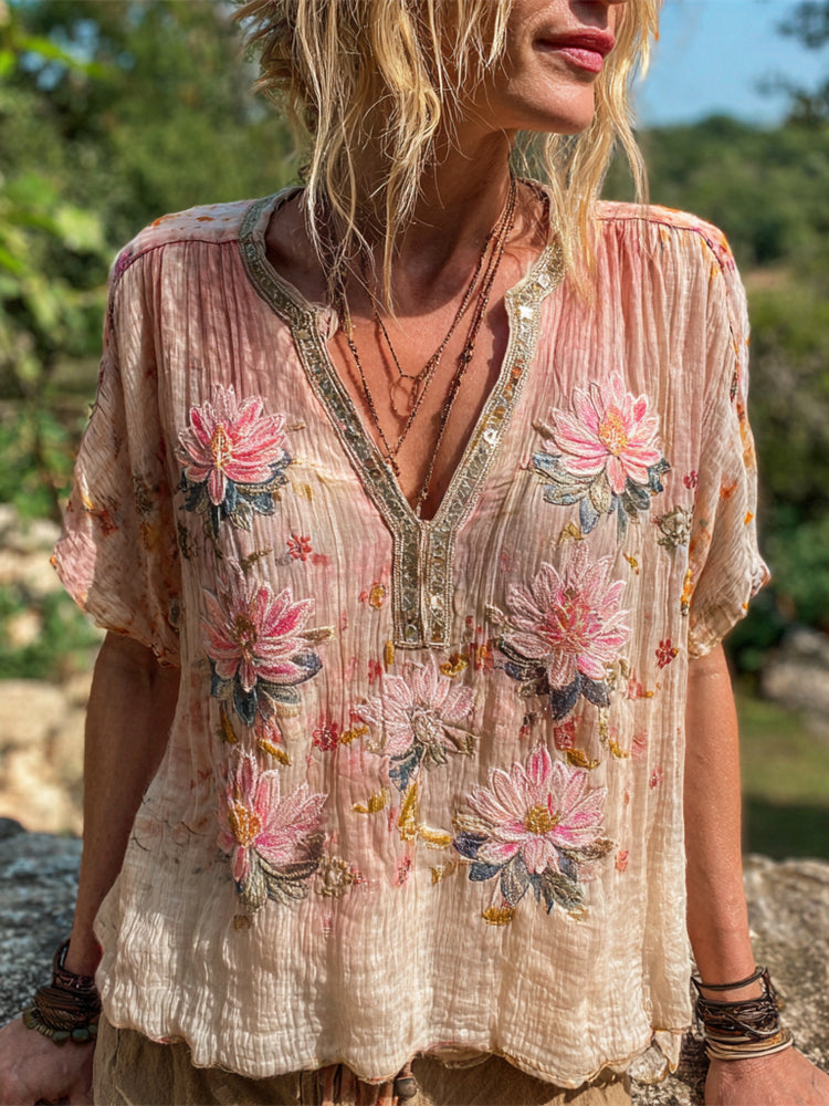 Boho Lotus Embroidery Vintage Women's Linen Short Sleeve Shirt elevenforest