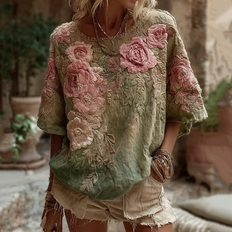 Vintage Floral Gradient Pattern Linen Comfy T-shirt elevenforest