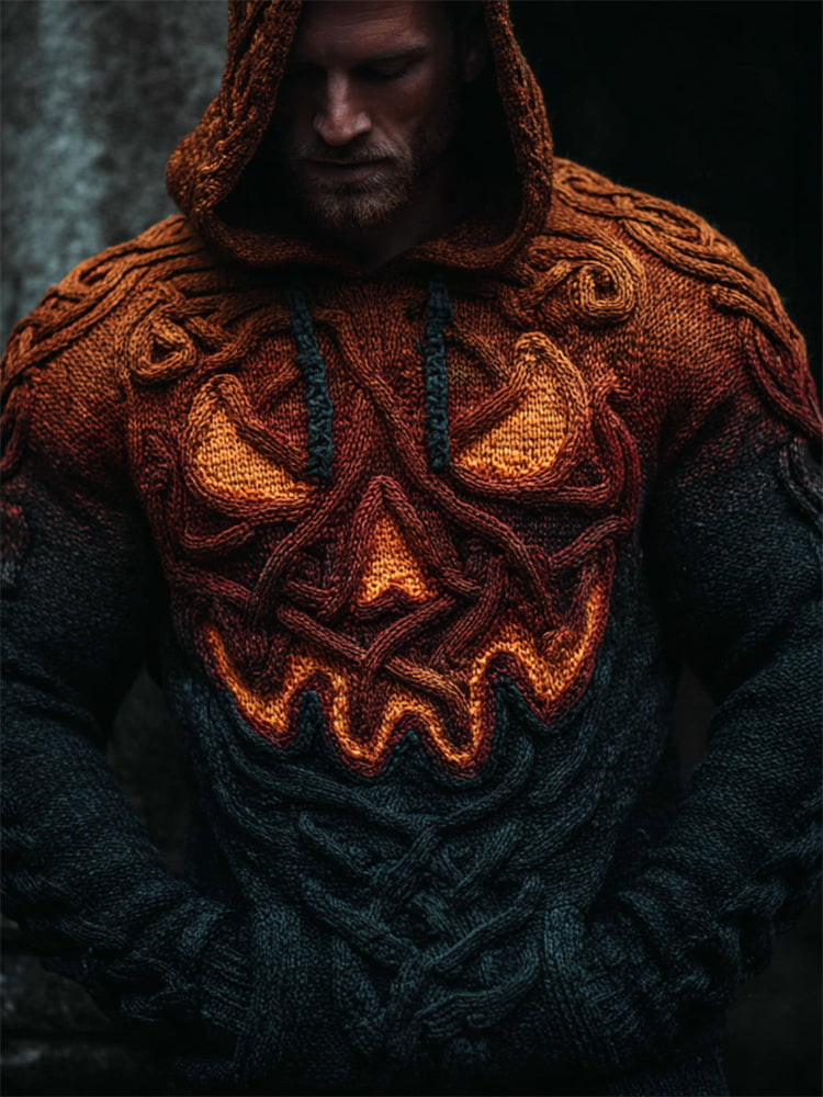 Men's Spooky Pumpkin Viking Celtic Gradient Cozy Chunky Hooded Sweater artswardrobe