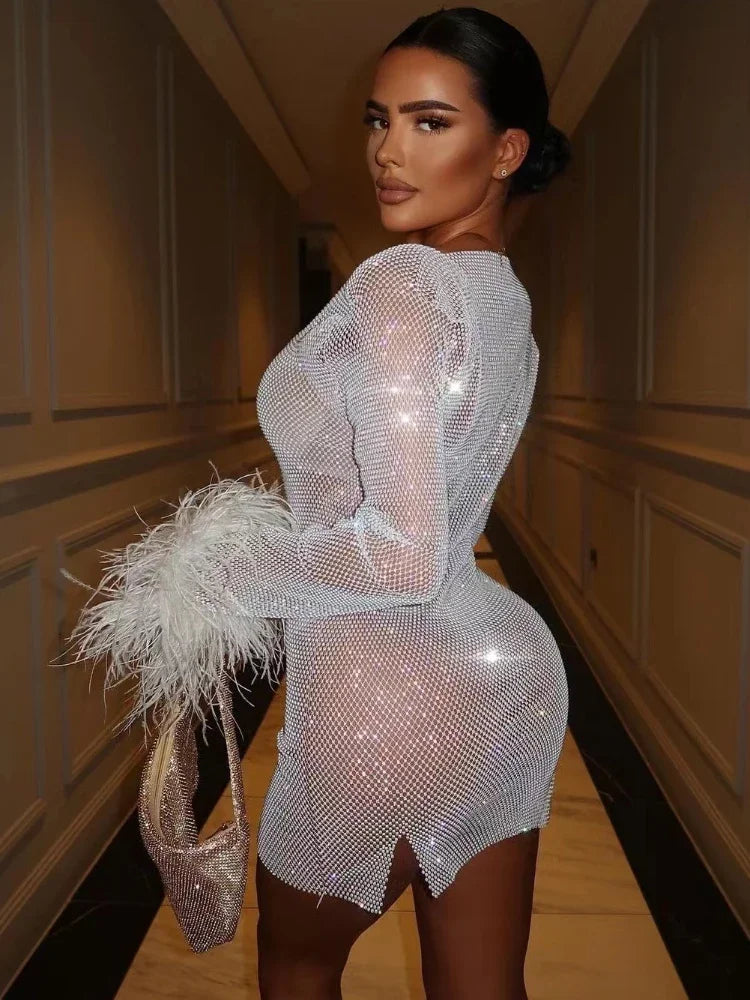 Weave Shiny Rhinestone Mini Dress See Through Cover-up Dresses Loose Club Dress
