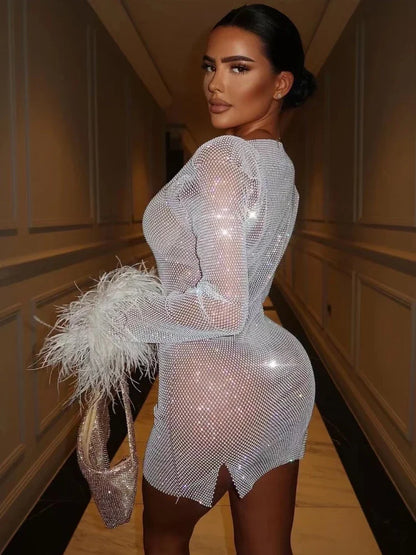 Weave Shiny Rhinestone Mini Dress See Through Cover-up Dresses Loose Club Dress