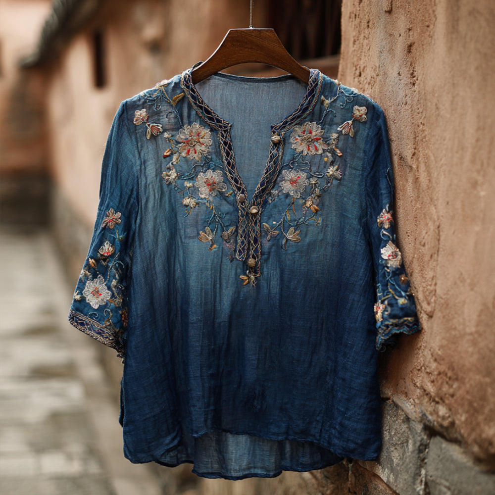 Western-style Plant And Flower Elements Casual V-neck Linen Short-sleeved Shirt elevenforest