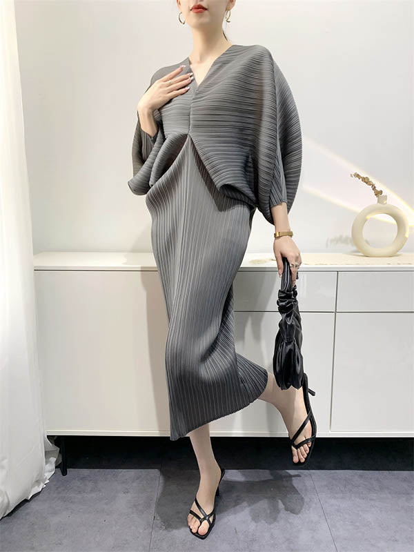 Original Creation Loose Batwing Sleeves Pleated Color V-neck Midi Dresses