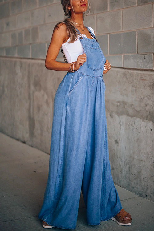 Pocketed Wide Leg Baggy Denim Overalls