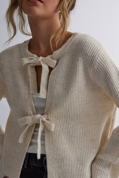Color Loose Long Sleeve Lace-up Knitted Cardigan