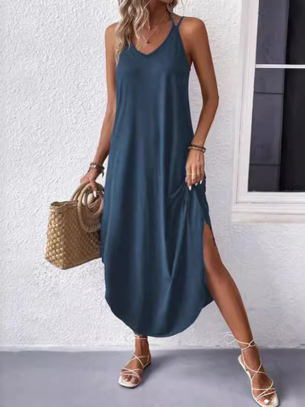 Loose Color Spaghetti-neck Maxi Dresses
