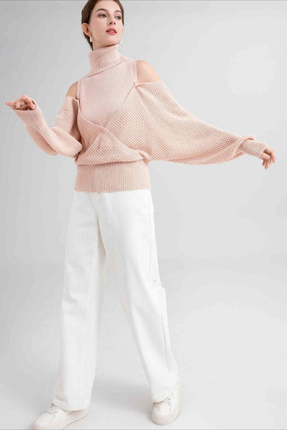 High Neck Off-shoulder Double Layer Knit Sweater
