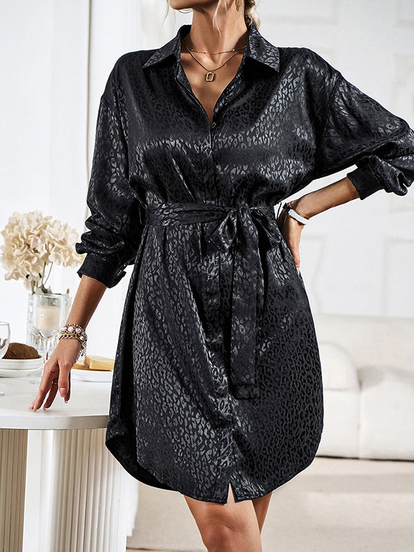 Long Sleeves Loose Buttoned Leopard Tied Waist Lapel Mini Dresses Shirt Dress