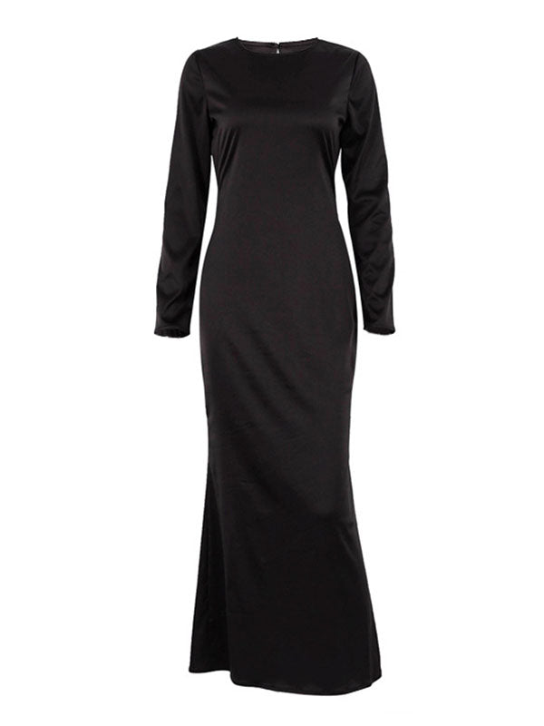 Loose Long Sleeves Color Round-neck Maxi Dresses