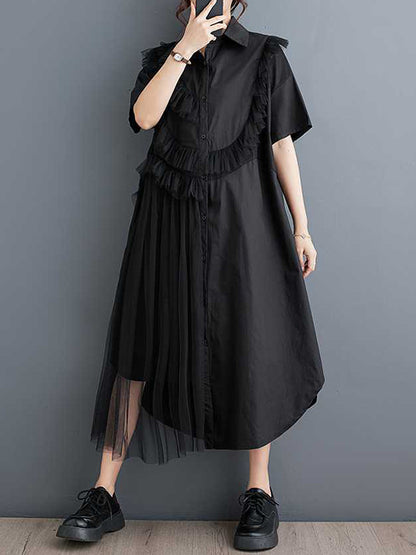 A-line Half Sleeves Asymmetric Buttoned Ruffled Color Split-joint Lapel Midi Dresses Shirt Dress