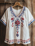 Vintage Floral Embroidery Women's Linen V-neck Shirt elevenforest